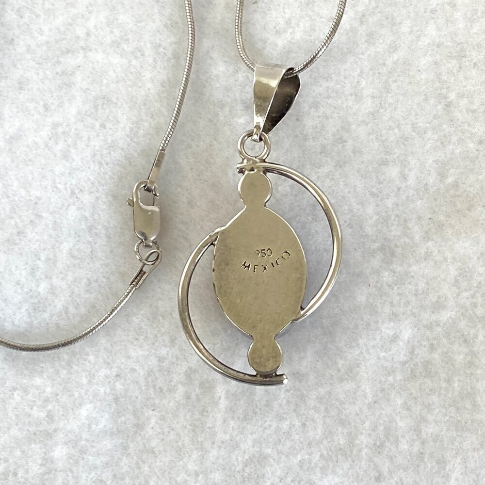 Sterling Silver 950 Mexico Geometric Oval Baltic Amber Pendant Necklace 18" - Picture 9 of 16